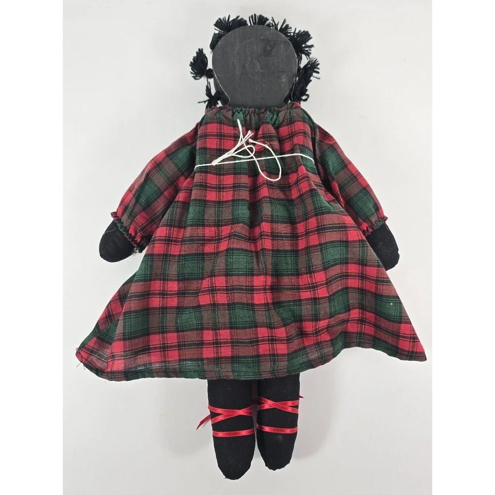 Vintage 1980's African American Wooden Sitting Folk Art Doll Plaid Dress 10